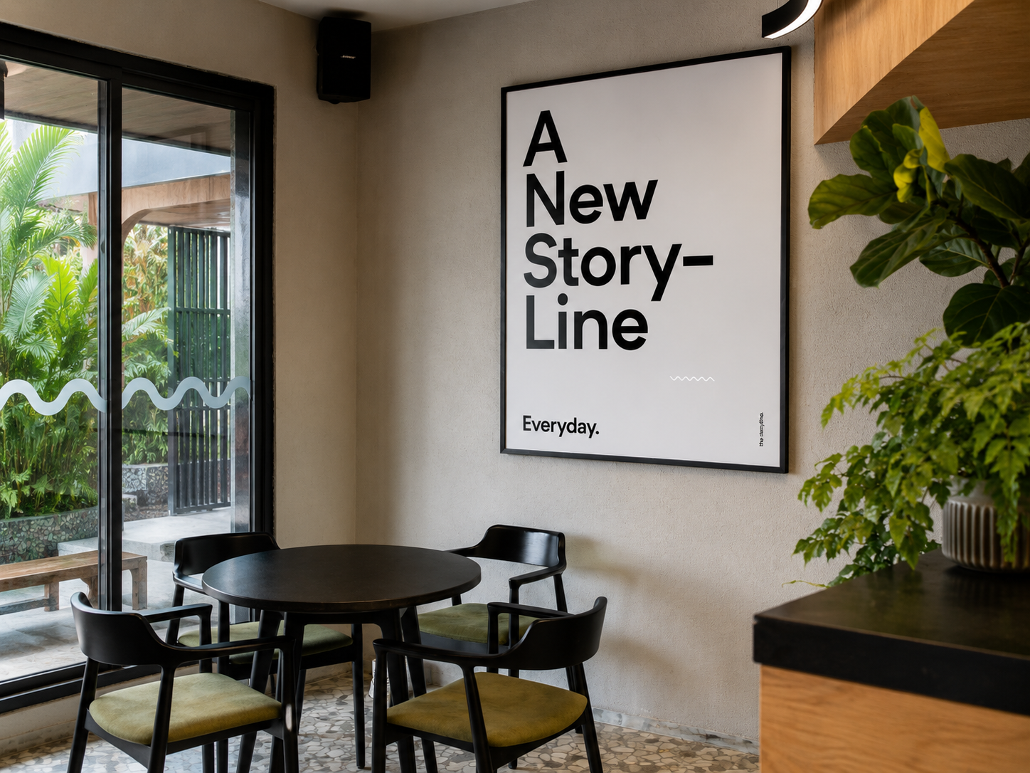 The Storyline café interior with brand poster