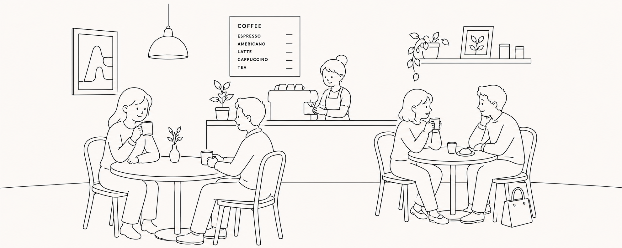 Illustration of people enjoying coffee at The Storyline café