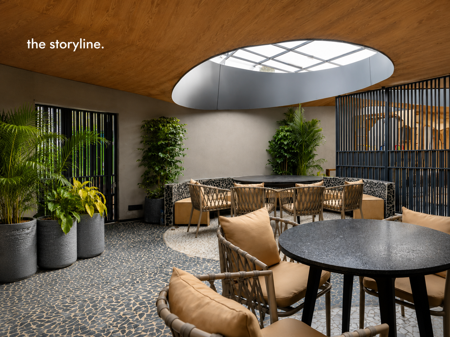 The Storyline café — terrazzo floors and oak ceiling seating area